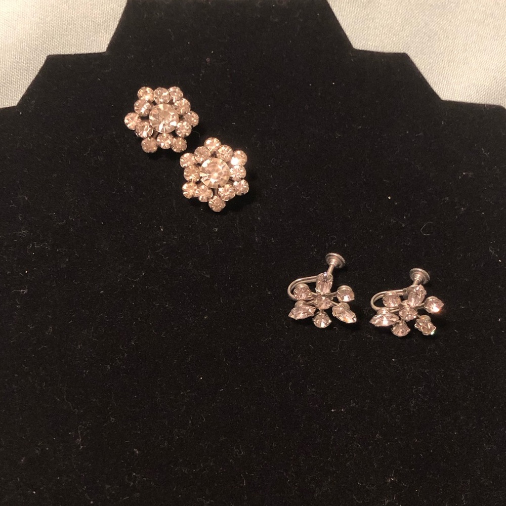 Vintage 2 Clear Rhinestone Pins & pair of Earrings